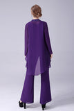 Purple Long Sleeves 3 Pieces Mother of the Bride Pant Suits
