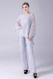 Silver 3 Pieces Long Sleeves Mother of the Bride Pant Suits