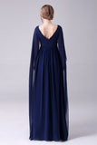 Navy A-Line V-Neck Chiffon Floor-Length Mother Of the Bride Dress With Pleated