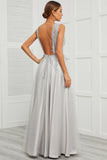Deep V Neck Grey Long Ball Dress with Appliques