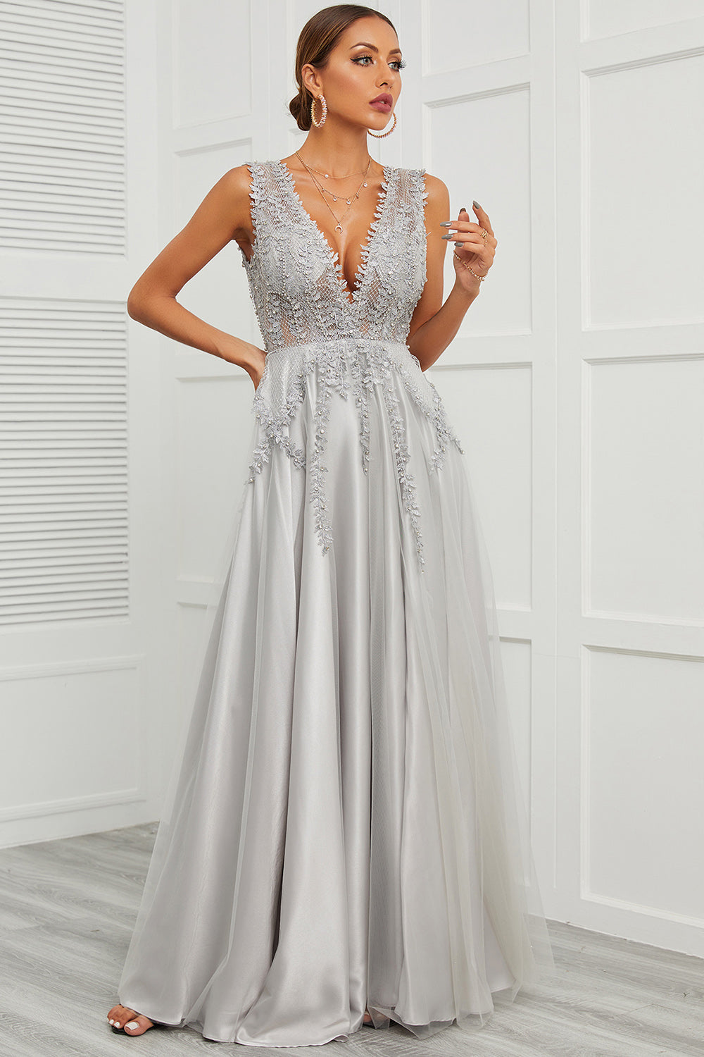 Deep V Neck Grey Long Ball Dress with Appliques