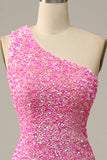 Fuchsia Sequined One Shoulder Mermaid Ball Dress With Slit