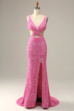 Fuchsia Sequined V-Neck Cut Out Ball Dress