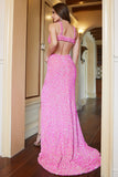 Fuchsia Sequined V-Neck Cut Out Ball Dress