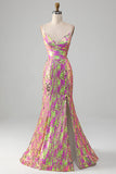 Hot Pink Sparkly Mermaid Long Ball Dress with Slit