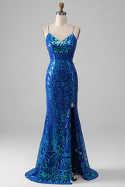 Royal Blue Mermaid Sparkly Ball Dress with Slit