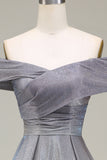 Sparkly Grey A-Line Off the Shoulder Princess Ball Dress with Pleated