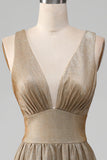 Glitter A-Line V-Neck Pleated Golden Ball Dress with Slit
