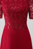 Burgundy A Line Round Neck Sparkly Sequin Mother of Bride Dress With Appliques