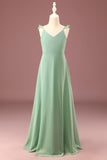 Matcha A-line V-Neck Spaghetti Straps Long Chiffon Junior Bridesmaid Dress