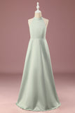 Matcha A-line Halter Sleeveless Long Satin Junior Bridesmaid Dress