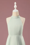 Matcha A-line Halter Sleeveless Long Satin Junior Bridesmaid Dress