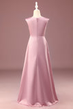 Dusty Rose A-line V-Neck Pleated Long Satin Junior Bridesmaid Dress