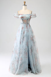 A-Line Blue Printed Cold Shoulder Long Corset Ball Dress with Slit