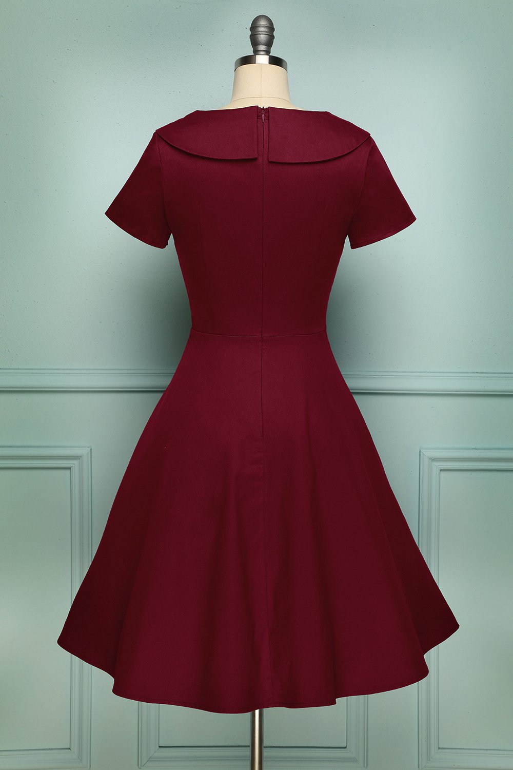 Burgundy Swing 1950s Dress Peter Pans Collar A Line Button Up Pin Up Dress With Sleeves