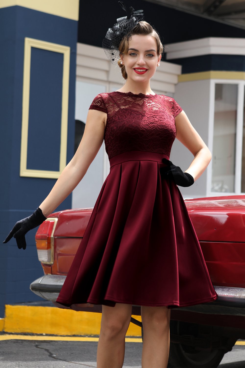 Burgundy Retro 1950s Dress With Lace
