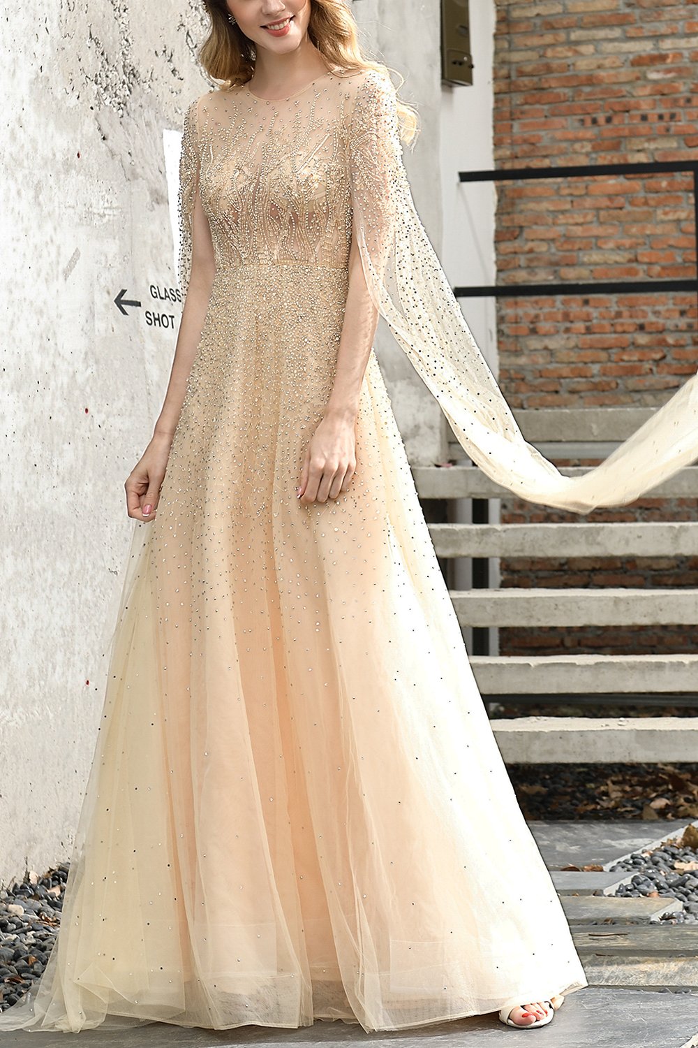 Elegant Champagne Beaded Long Formal Dress