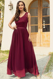 A Line V Neck Burgundy Long Bridesmaid Dress with Lace