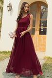 A Line V Neck Burgundy Long Bridesmaid Dress with Lace