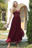 Burgundy Chiffon Wedding Guest Dress with Lace