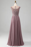 Dusk A-line Beaded Chiffon Round Neck Maxi Mother of the Bride Dress