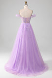 Lavender A Line Off the Shoulder Tulle Ball Dress with Slit