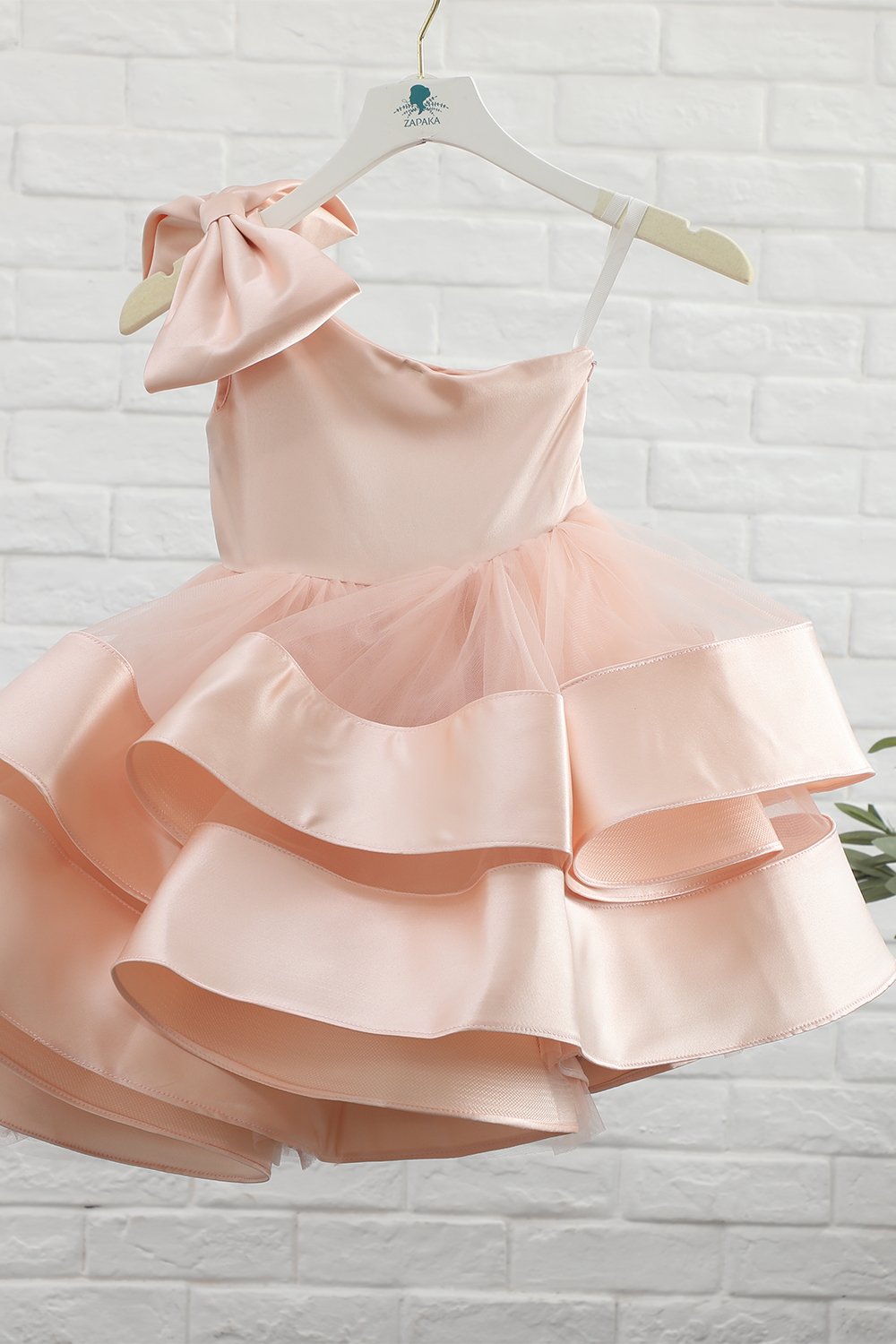 Blush One Shoulder Flower Girl Dress with Bowknot