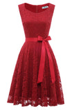 Dark Red Lace Party Dress with Sash