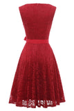 Dark Red Lace Party Dress with Sash