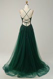 A Line Spaghetti Straps Green Long Ball Dress with Criss Cross Back