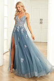 A Line Spaghetti Straps Grey Blue Long Ball Dress with Appliques