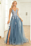 A Line Spaghetti Straps Grey Blue Long Ball Dress with Appliques