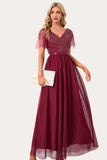 Sparkly Burgundy Beaded Long Tulle Party Dress