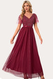 Sparkly Burgundy Beaded Long Tulle Party Dress