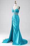 Turquoise Mermaid V-Neck Sweep Train Pleated Corset Beaded Ball Dress