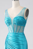 Turquoise Mermaid V-Neck Sweep Train Pleated Corset Beaded Ball Dress