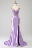 Stylish Mermaid Spaghetti Straps Lilac Long Ball Dress with Appliques Slit