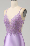 Stylish Mermaid Spaghetti Straps Lilac Long Ball Dress with Appliques Slit