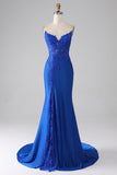 Royal Blue Mermaid Strapless Long Beaded Ball Dress With Appliques