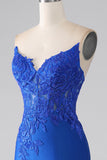Royal Blue Mermaid Strapless Long Beaded Ball Dress With Appliques