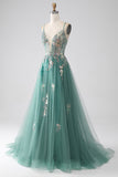 Green A-Line Spaghetti Straps Long Ball Dress With Sparkly Sequin Appliques