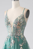 Green A-Line Spaghetti Straps Long Ball Dress With Sparkly Sequin Appliques