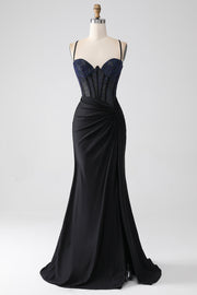 Black Mermaid Spaghetti Straps Long Corset Ball Dress With Beading
