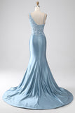 Grey Blue Mermaid Spaghetti Straps Long Beaded Ball Dress With Appliques