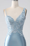 Grey Blue Mermaid Spaghetti Straps Long Beaded Ball Dress With Appliques