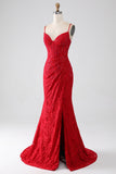 Red Mermaid Spaghetti Straps Beaded Lace Applique Ball Dress With Slit