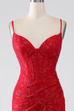 Red Mermaid Spaghetti Straps Beaded Lace Applique Ball Dress With Slit