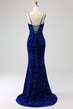 Elegant Royal Blue Mermaid Spaghetti Straps Velvet Sequin Long Ball Dress