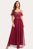 Burgundy Beaded A-Line Long Party Dress