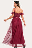 Burgundy Beaded A-Line Long Party Dress